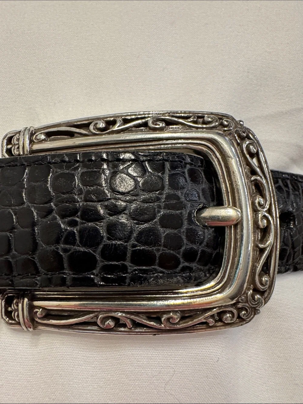 Vintage Brighton Reversible Croc-Embossed Leather Belt w/Ornate Silver Buckle